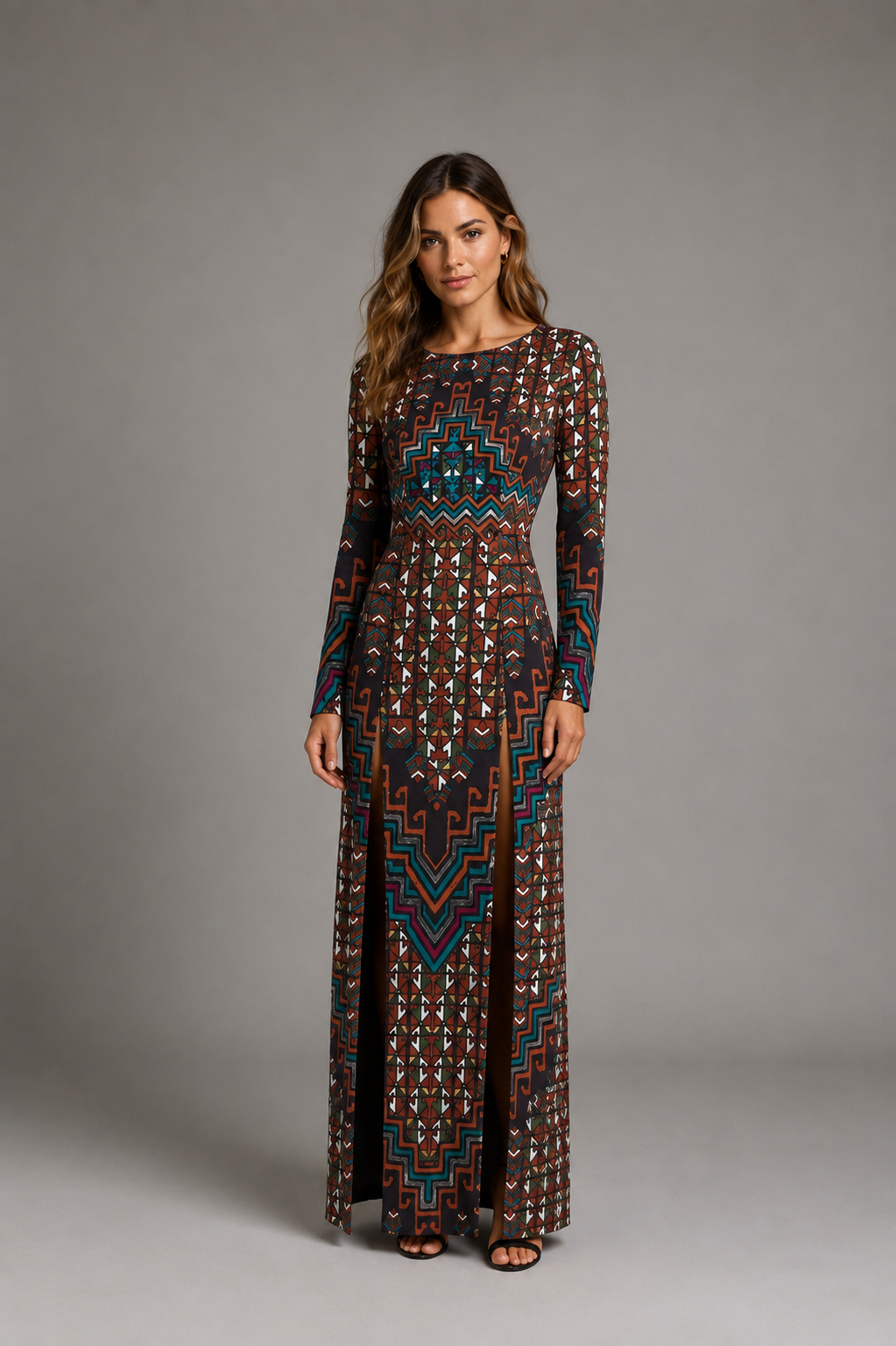 Mara Hoffman Brown Geometric Backless Long Sleeve Maxi Dress
