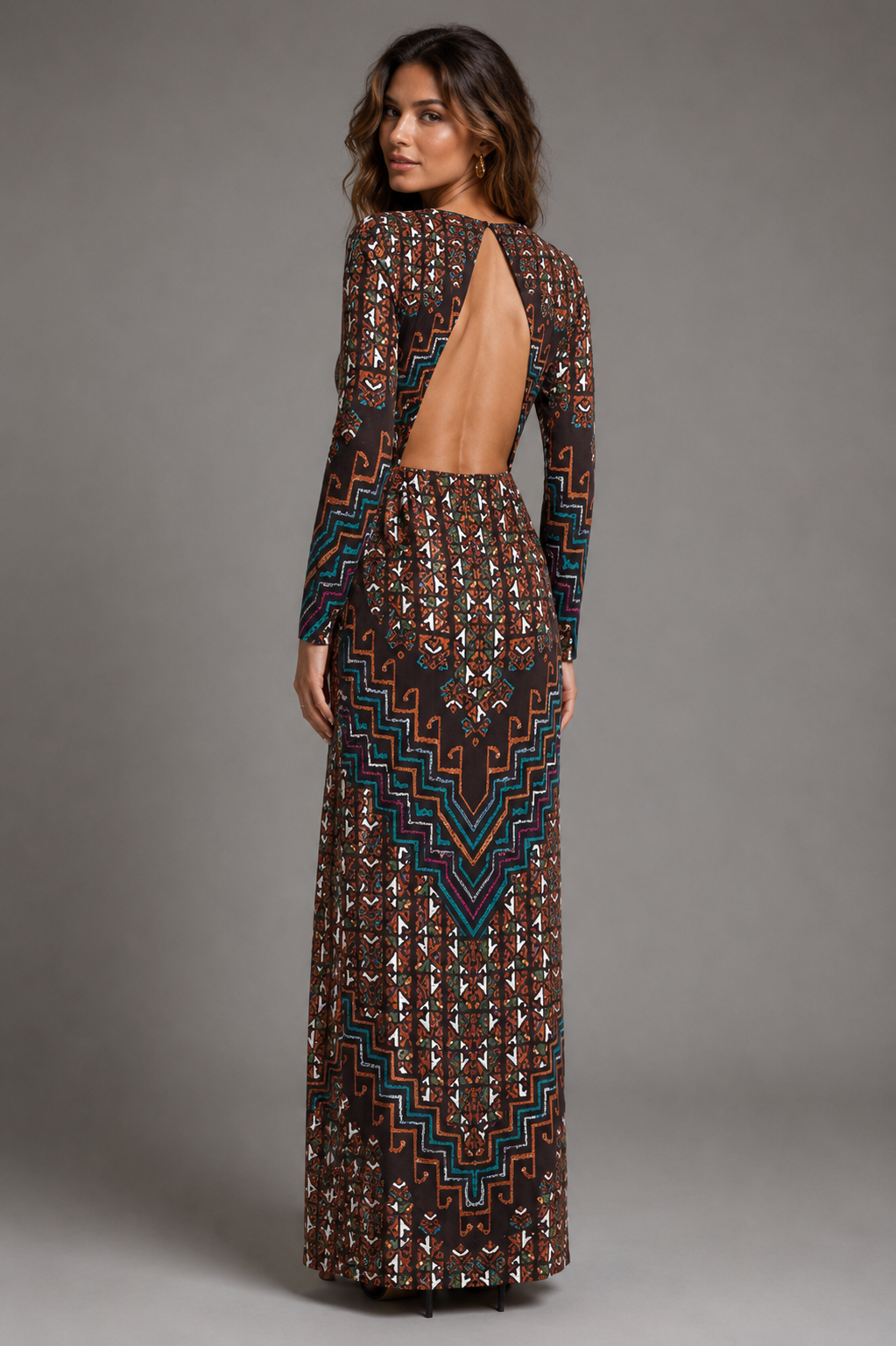 Mara Hoffman Brown Geometric Backless Long Sleeve Maxi Dress