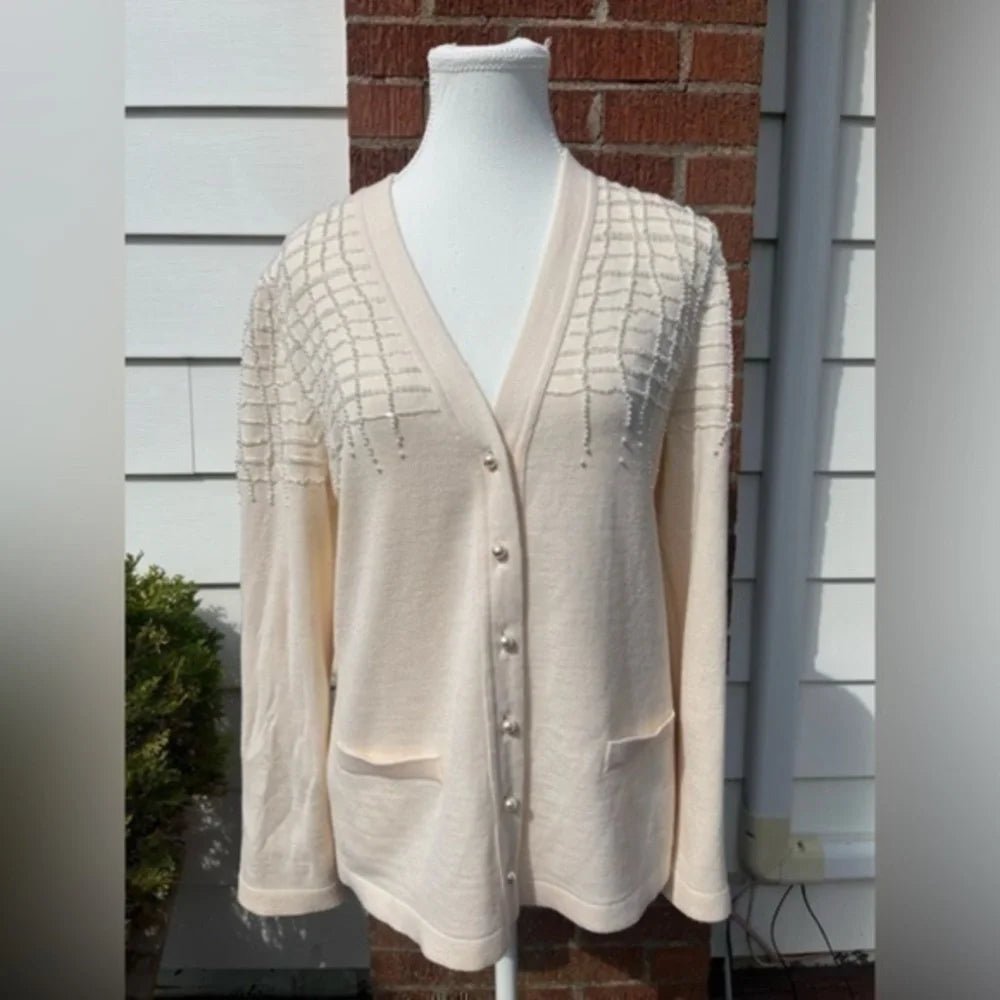 Escada pearl beaded cardigan, alternate front view on mannequin