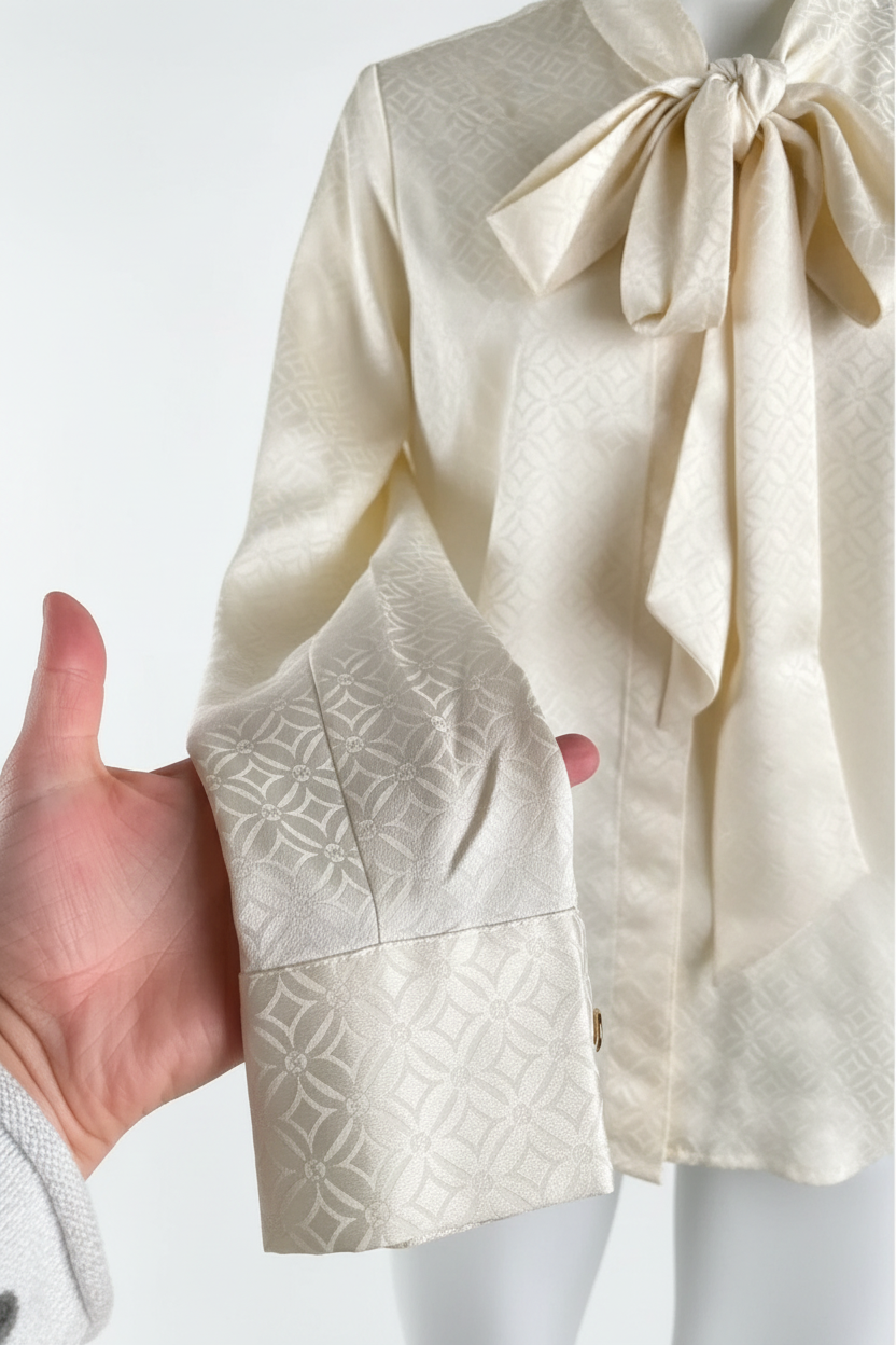 Michael Michael Kors blouse, close-up of tie bow and jacquard fabric detail