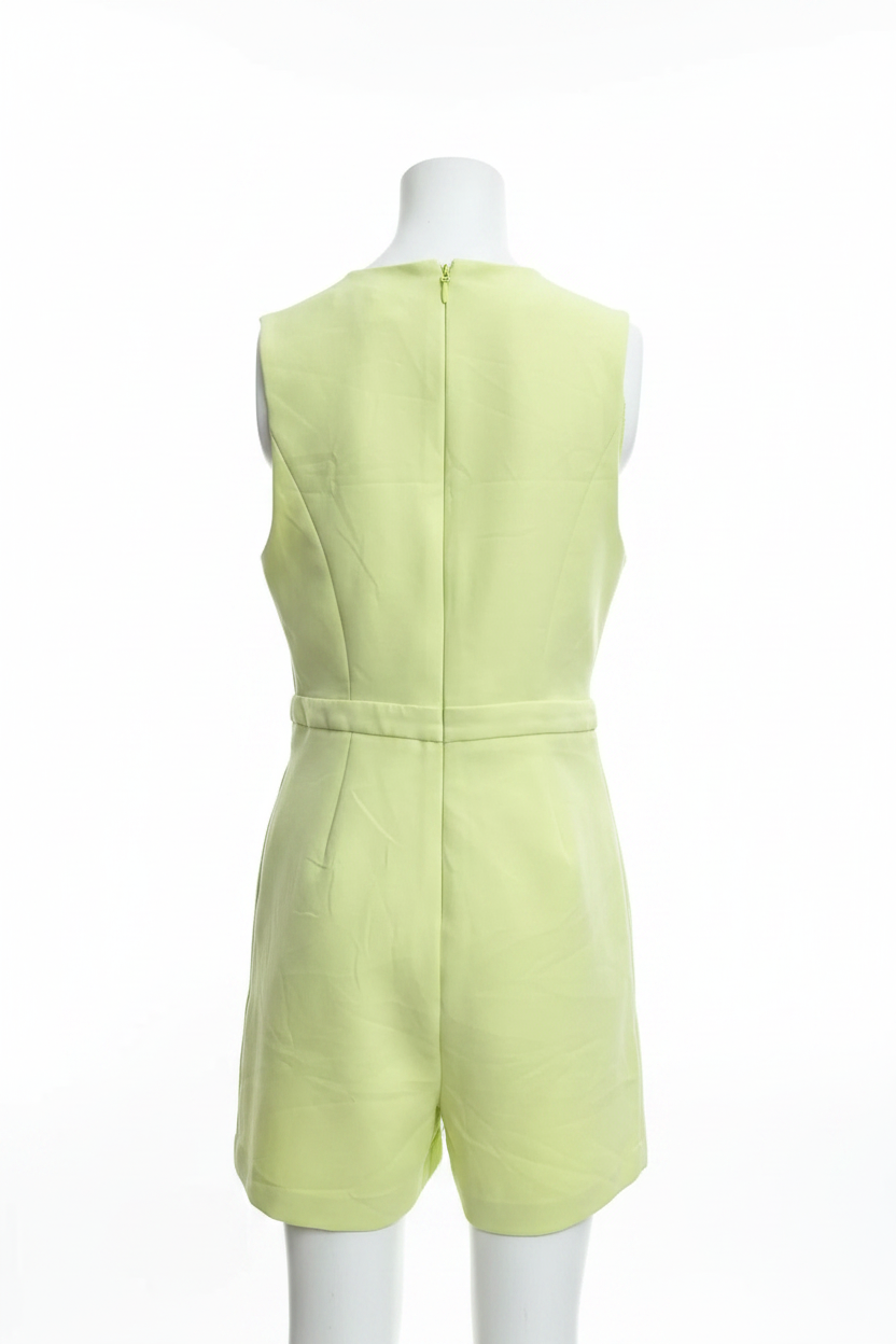 BCBGMAXAZRIA chartreuse romper, back view showing zip closure