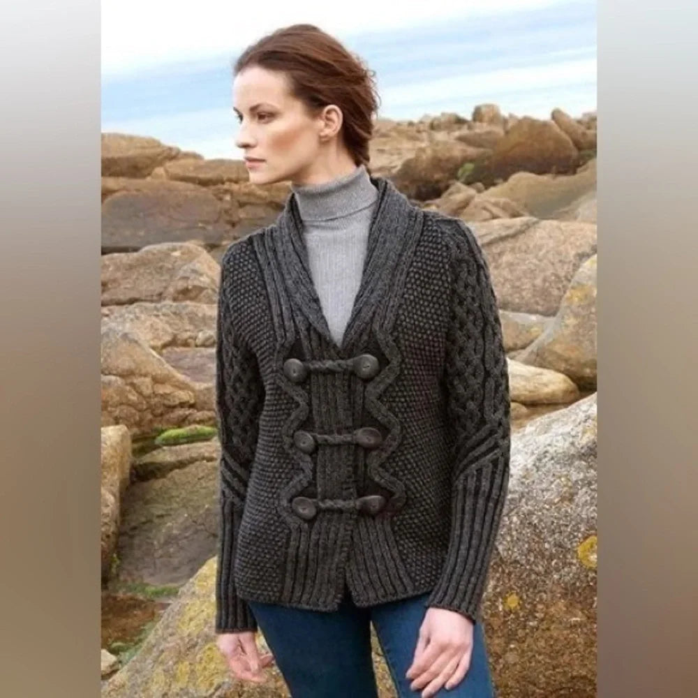Aran Crafts Ireland merino wool cable knit cardigan, brand lifestyle photo