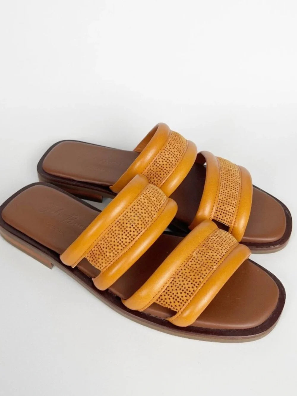 John Rmor leather raffia slide sandals, side profile view